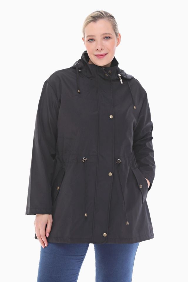 KAPÜŞONLU SİYAH KISA TRENÇKOT