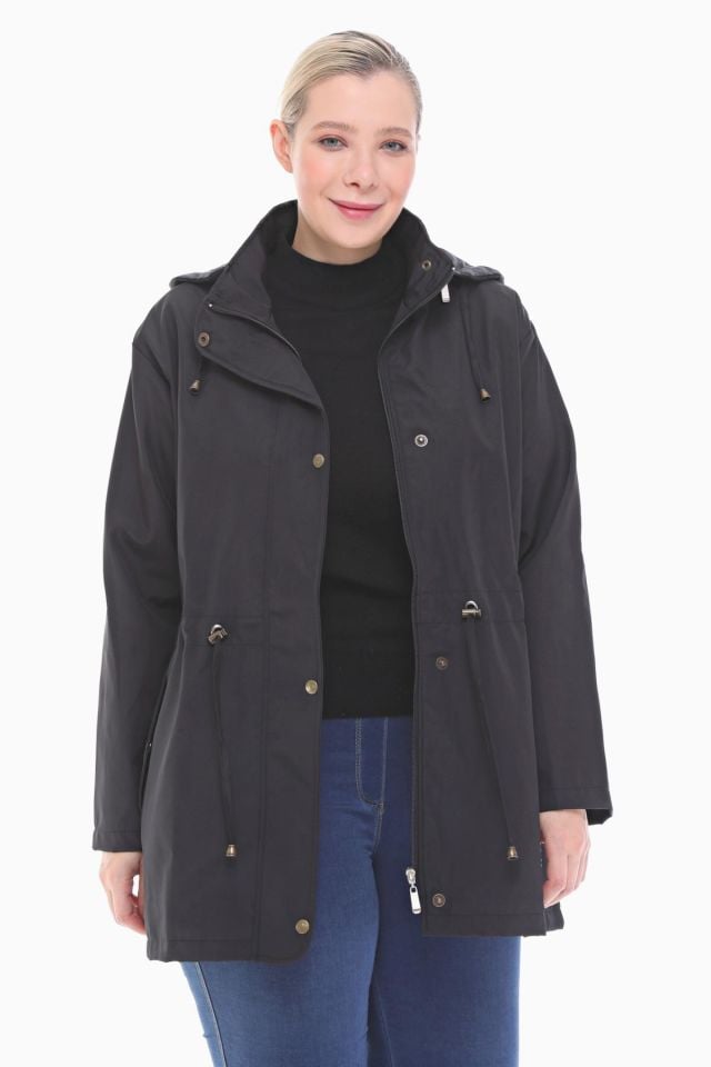 KAPÜŞONLU SİYAH KISA TRENÇKOT