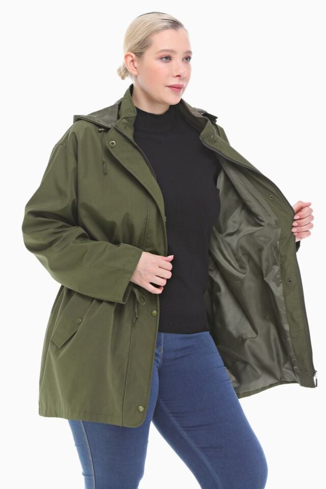 KAPÜŞONLU HAKİ KISA TRENÇKOT