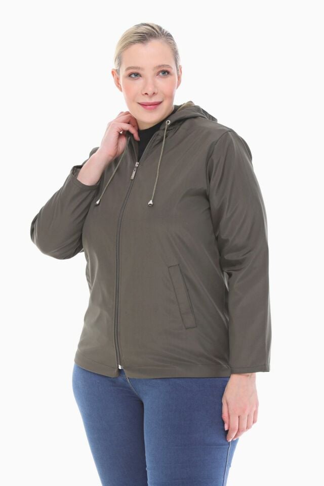 KAPÜŞONLU HAKİ İÇİ POLARLI YAĞMURLUK