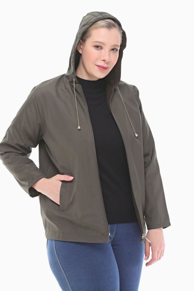 KAPÜŞONLU HAKİ İÇİ POLARLI YAĞMURLUK