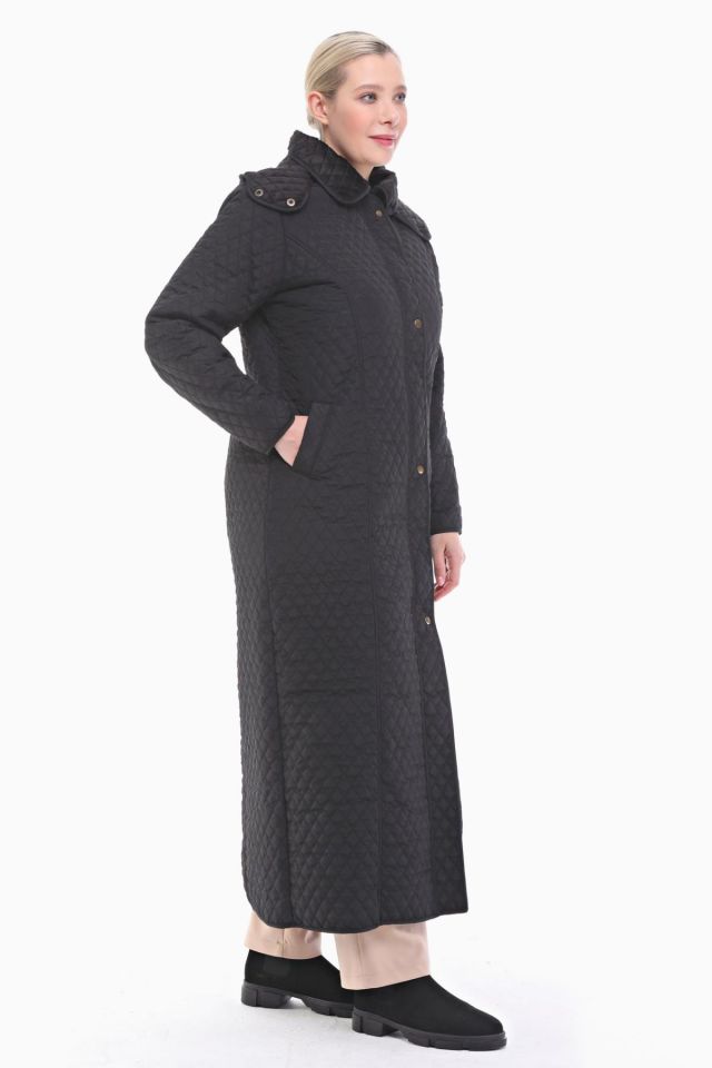 KAPÜŞONLU SİYAH 142 CM KAPİTONE KABAN