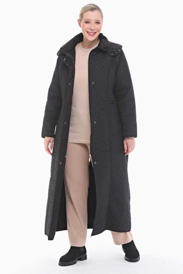 KAPÜŞONLU SİYAH 142 CM KAPİTONE KABAN