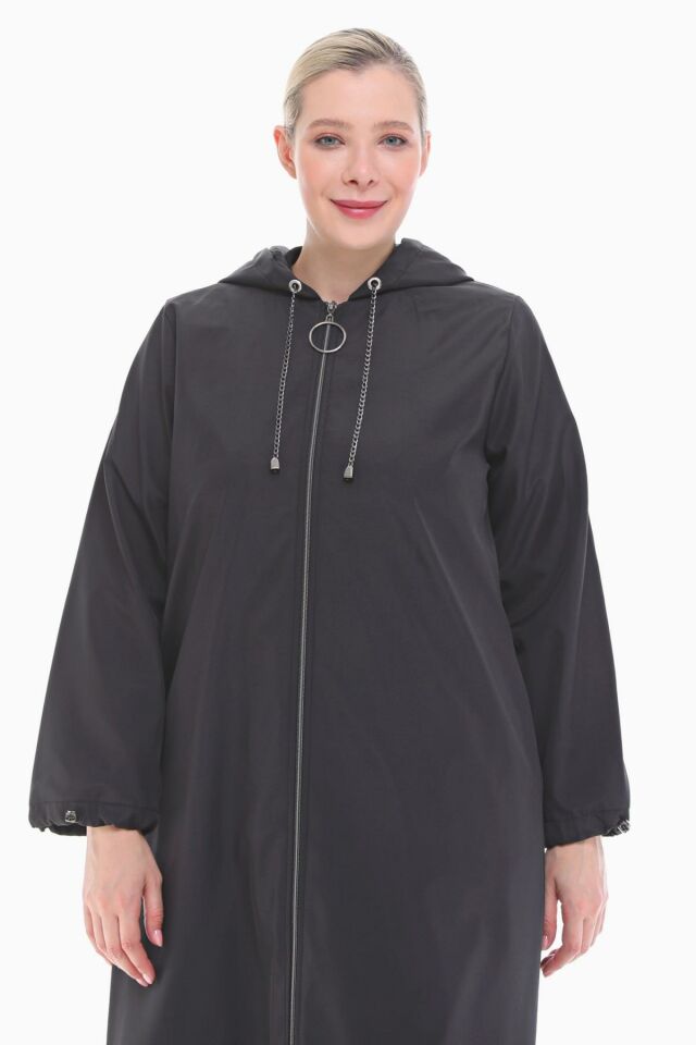 KAPÜŞONLU SİYAH UZUN TRENÇKOT