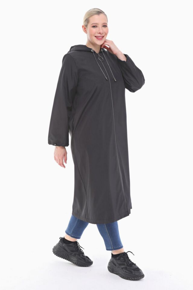 KAPÜŞONLU SİYAH UZUN TRENÇKOT