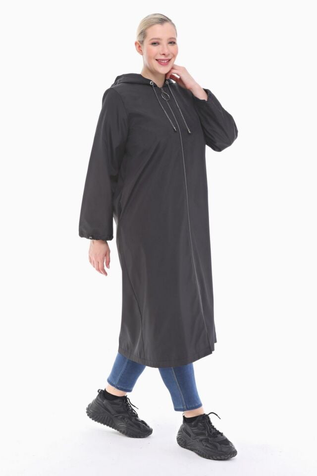 KAPÜŞONLU SİYAH UZUN TRENÇKOT