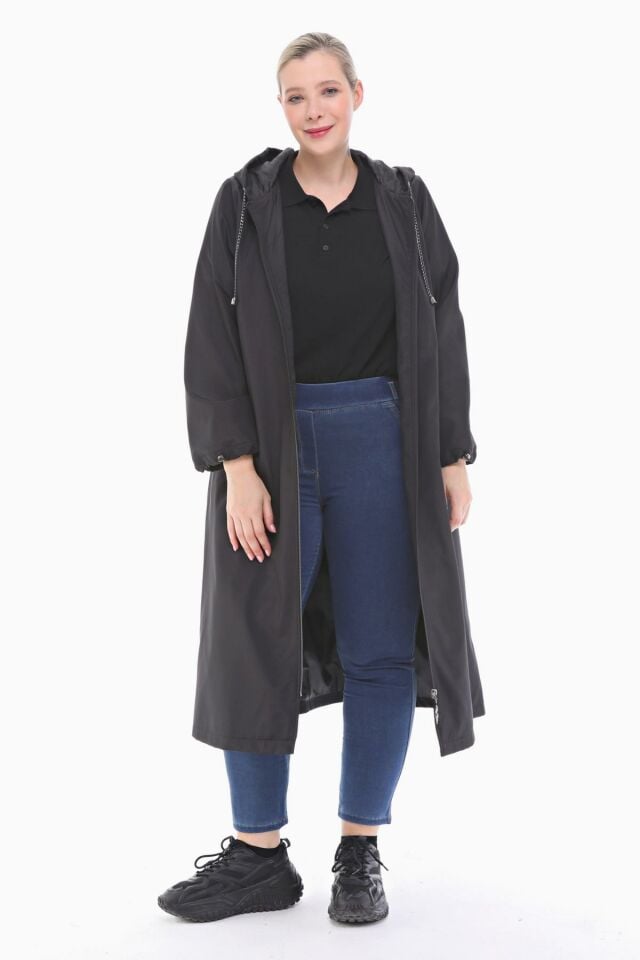 KAPÜŞONLU SİYAH UZUN TRENÇKOT