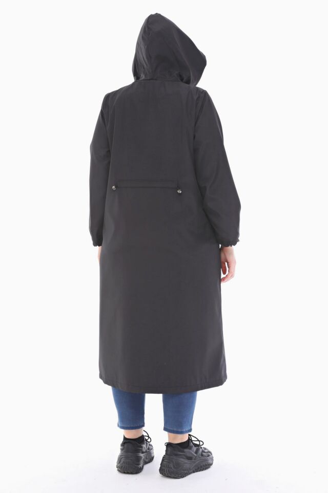 KAPÜŞONLU SİYAH UZUN TRENÇKOT