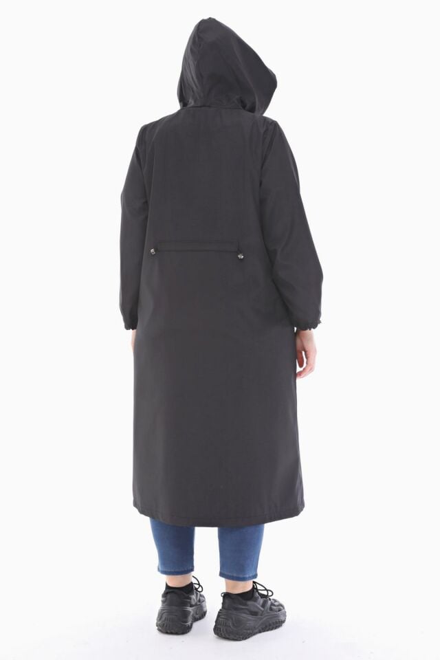 KAPÜŞONLU SİYAH UZUN TRENÇKOT