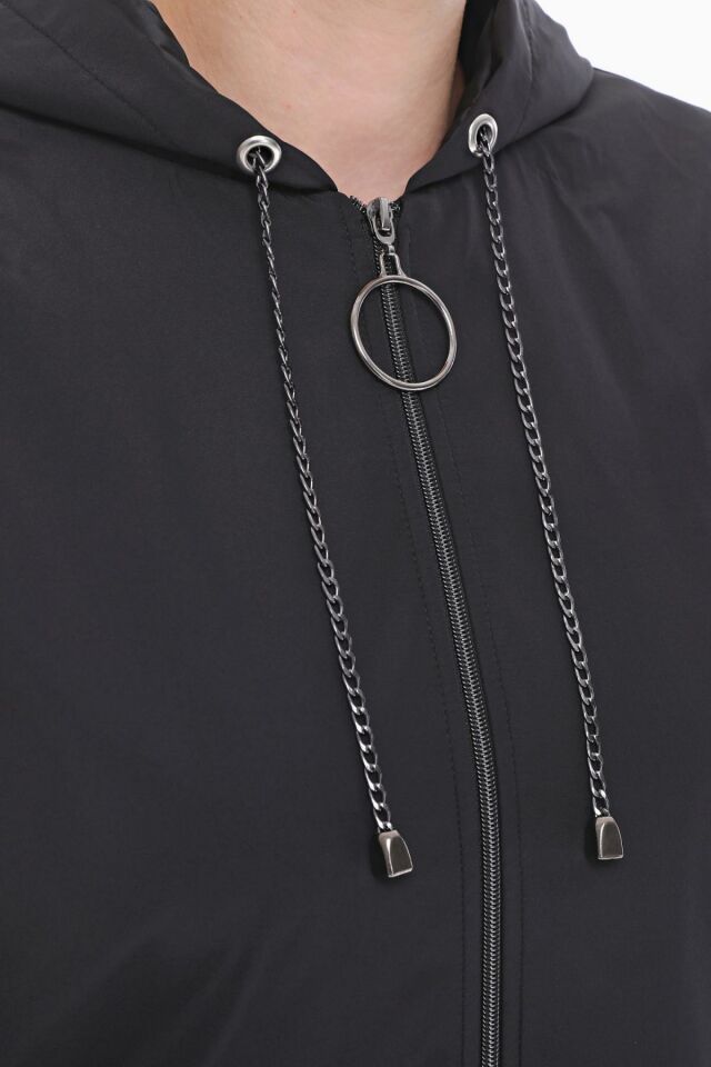 KAPÜŞONLU SİYAH UZUN TRENÇKOT