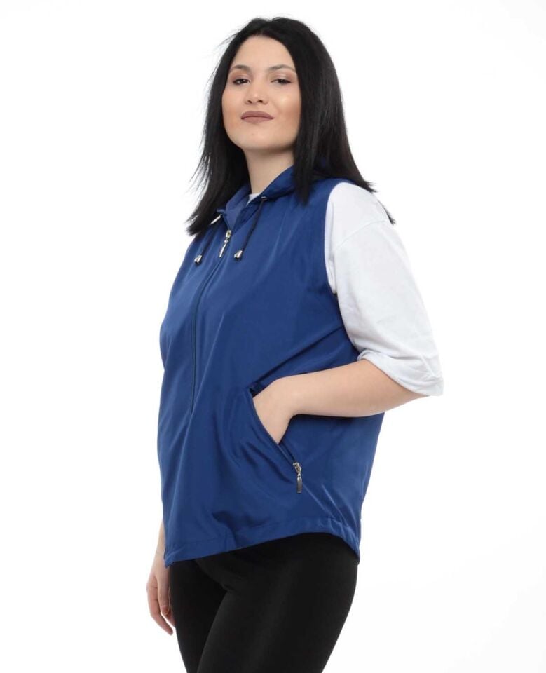 KAPÜŞONLU KOYU MAVİ İÇİ POLARLI YELEK