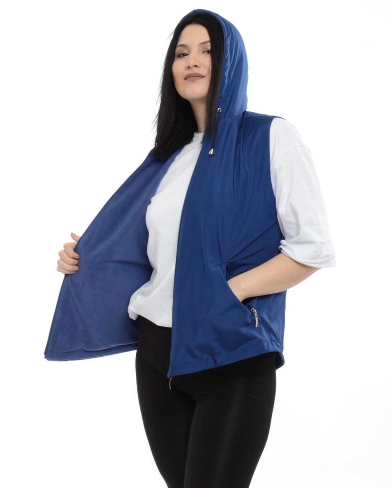 KAPÜŞONLU KOYU MAVİ İÇİ POLARLI YELEK