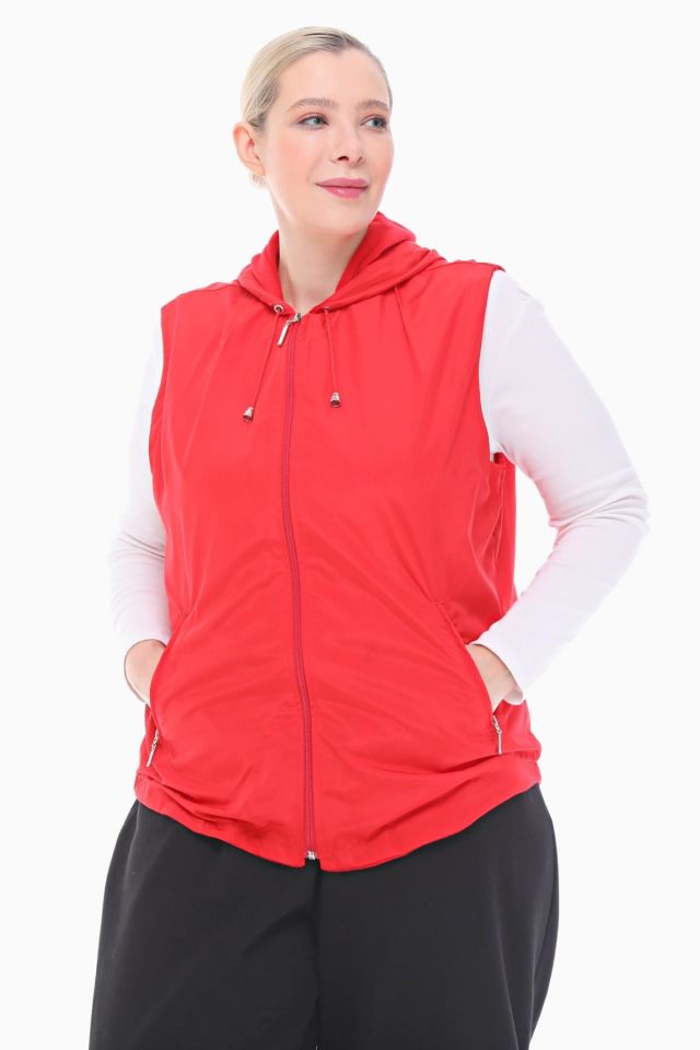 KAPÜŞONLU KIRMIZI İÇİ POLARLI YELEK