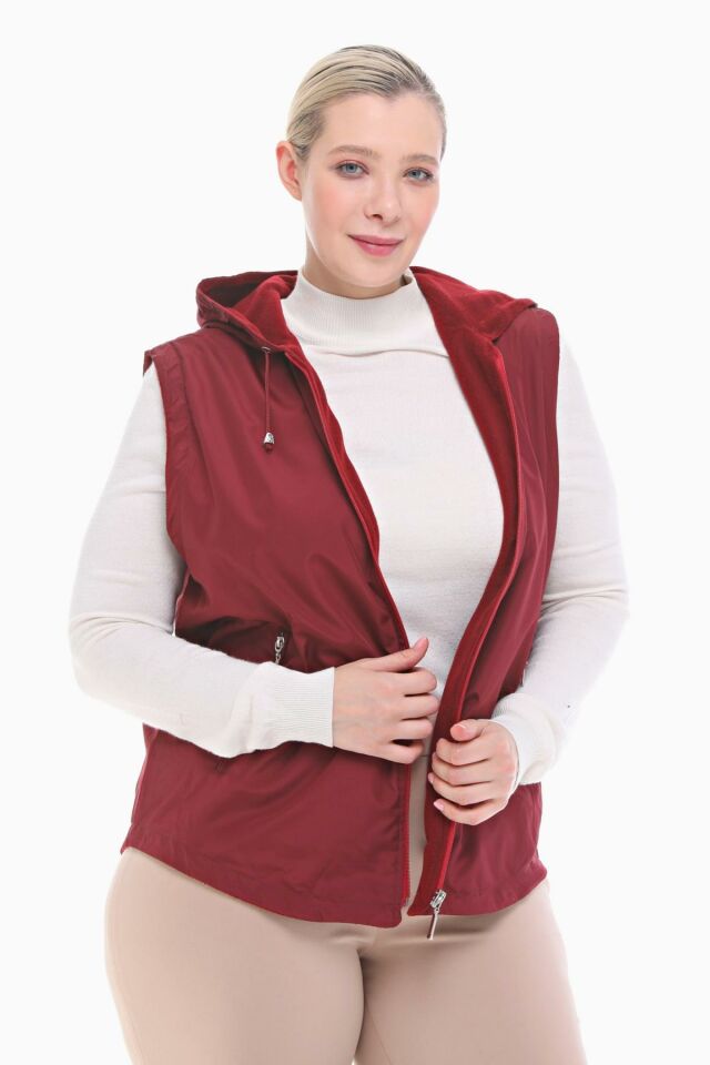 KAPÜŞONLU BORDO İÇİ POLARLI YELEK