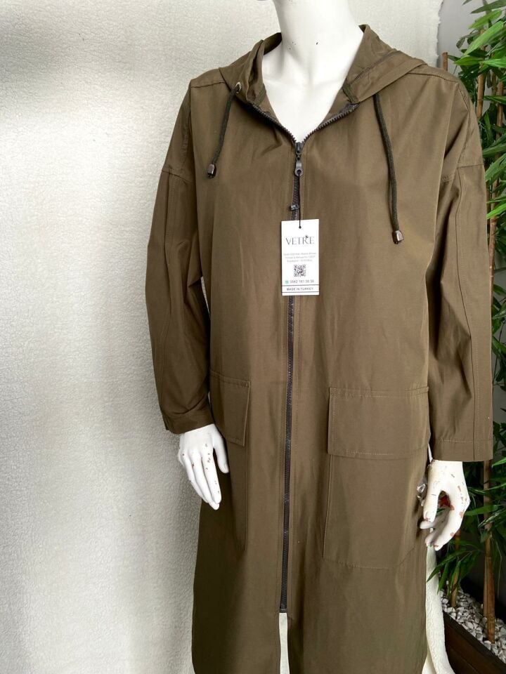 Kapüşonlu Oversize Haki Trençkot
