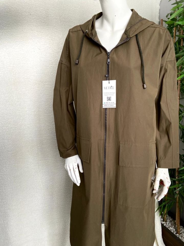 Kapüşonlu Oversize Haki Trençkot