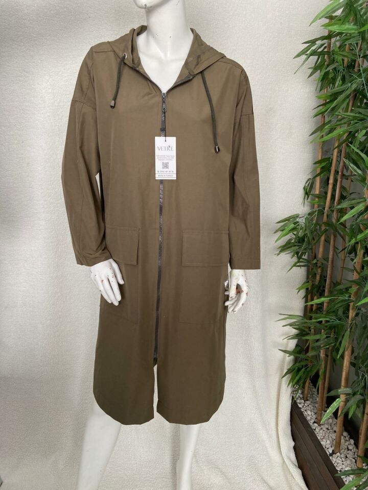 Kapüşonlu Oversize Haki Trençkot