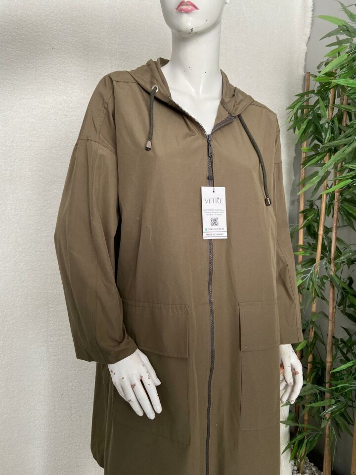 Kapüşonlu Oversize Haki Trençkot