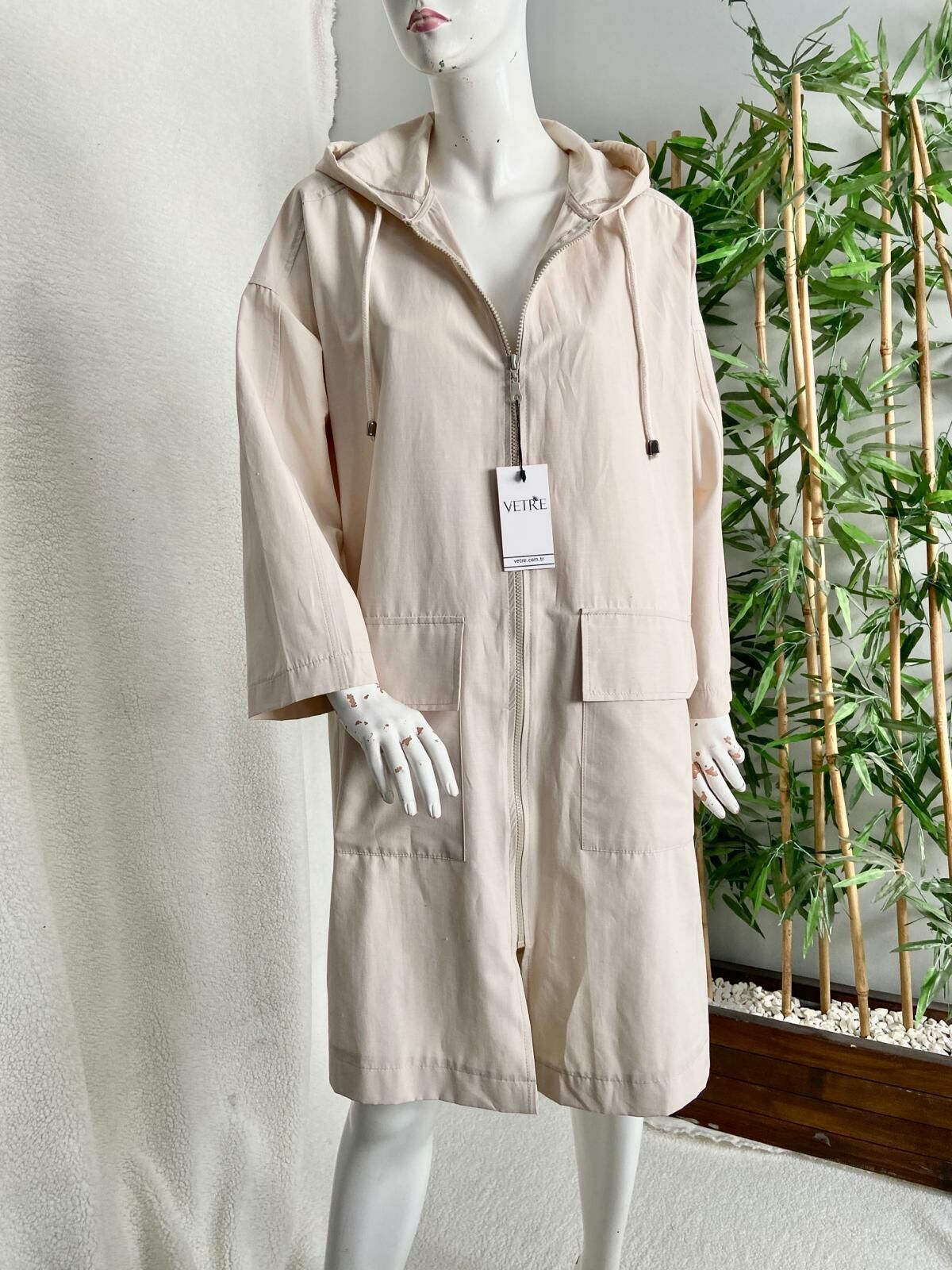 Kapüşonlu Oversize Açık Bej Trençkot