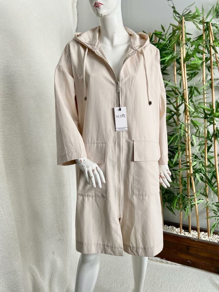 Kapüşonlu Oversize Açık Bej Trençkot