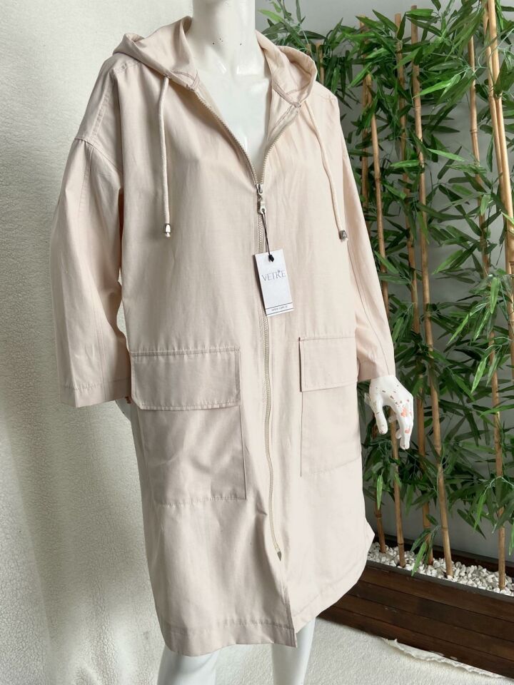Kapüşonlu Oversize Açık Bej Trençkot