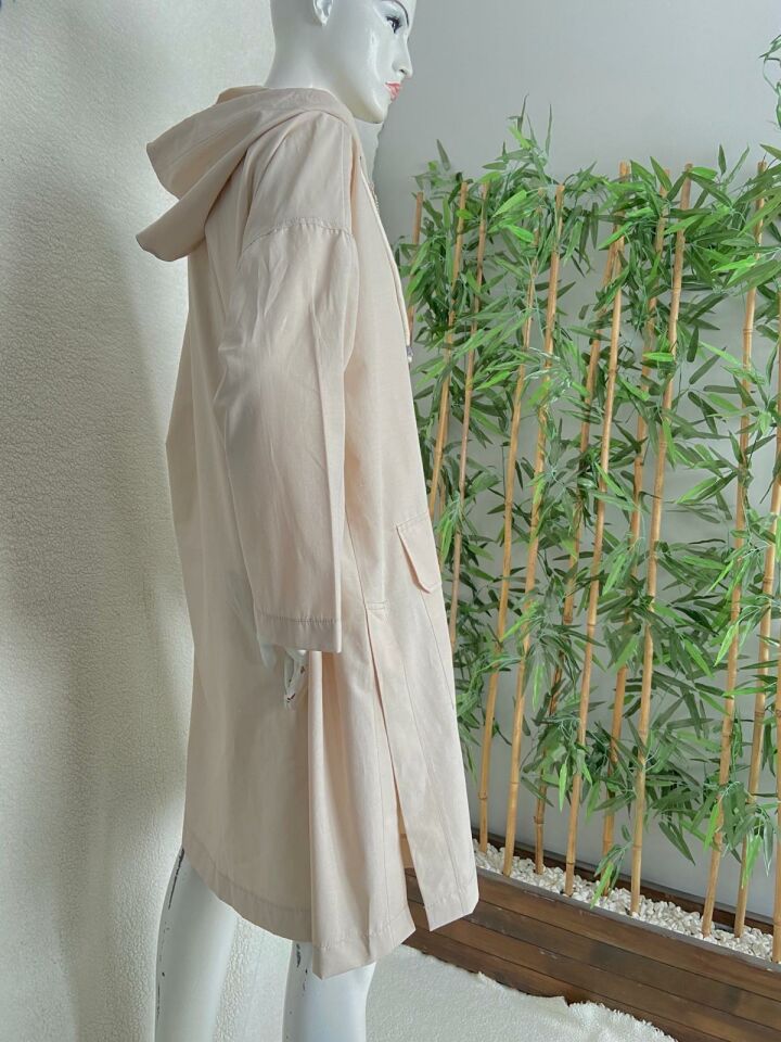 Kapüşonlu Oversize Açık Bej Trençkot