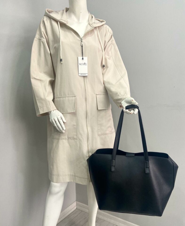 Kapüşonlu Oversize Açık Bej Trençkot