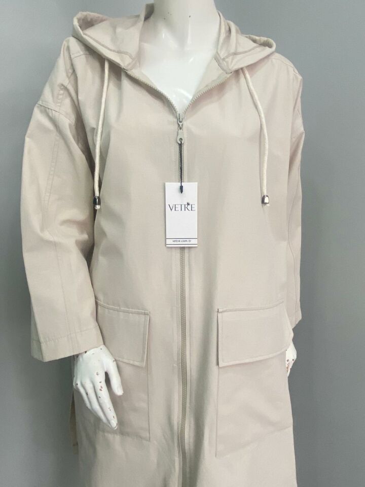 Kapüşonlu Oversize Açık Bej Trençkot