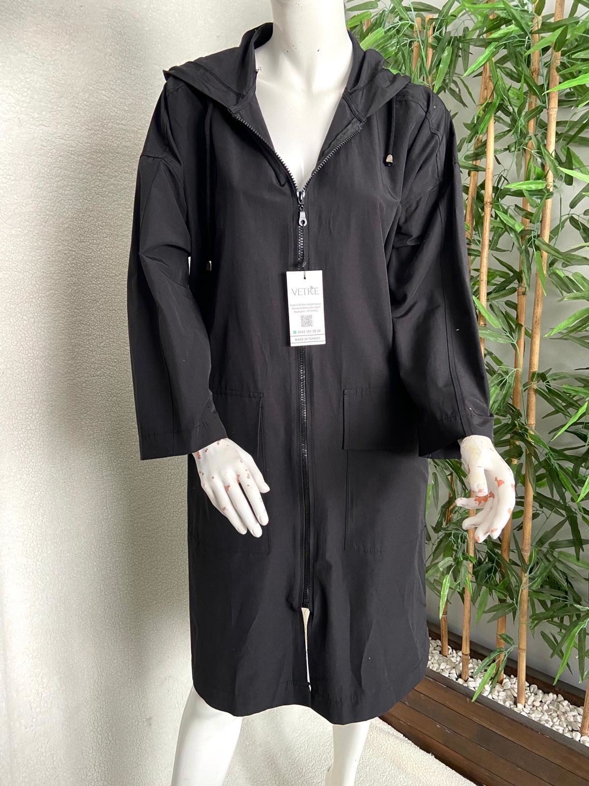 Kapüşonlu Oversize Siyah Trençkot