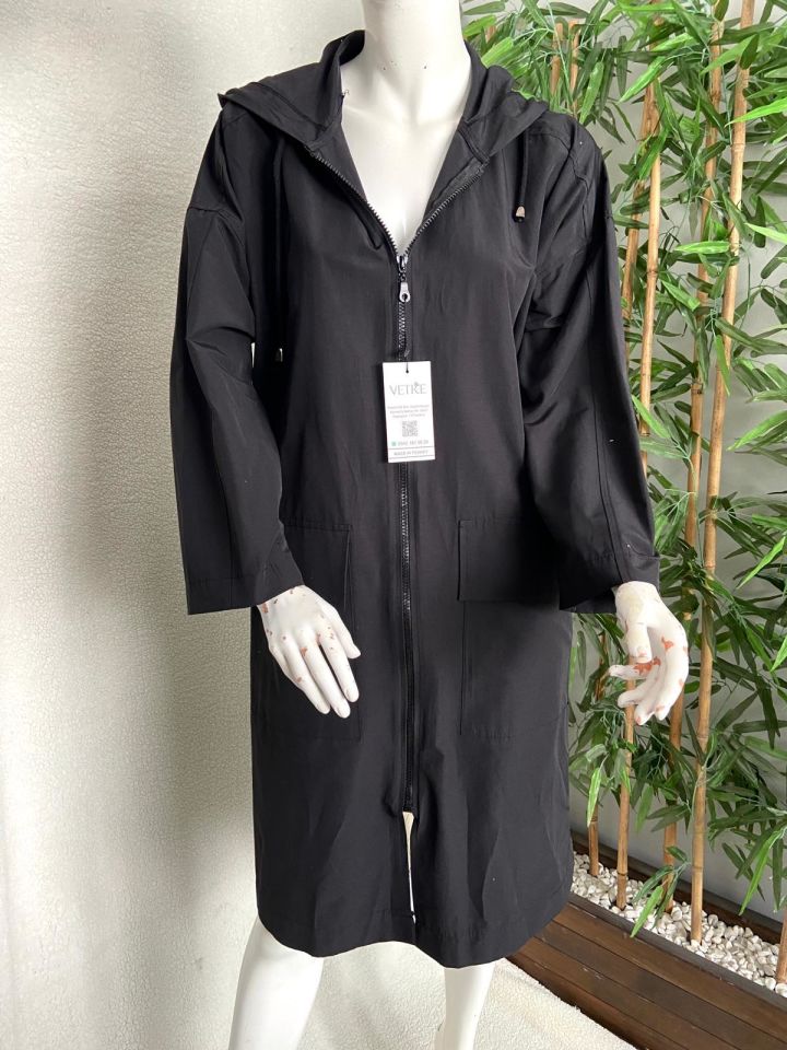 Kapüşonlu Oversize Siyah Trençkot