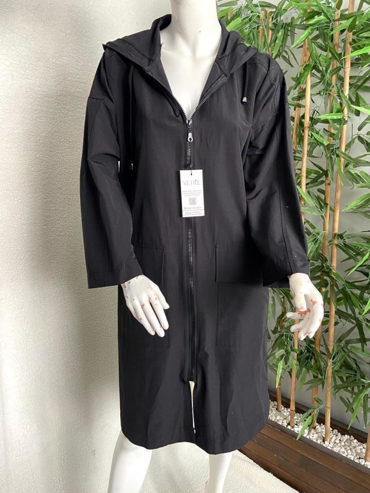 Kapüşonlu Oversize Siyah Trençkot