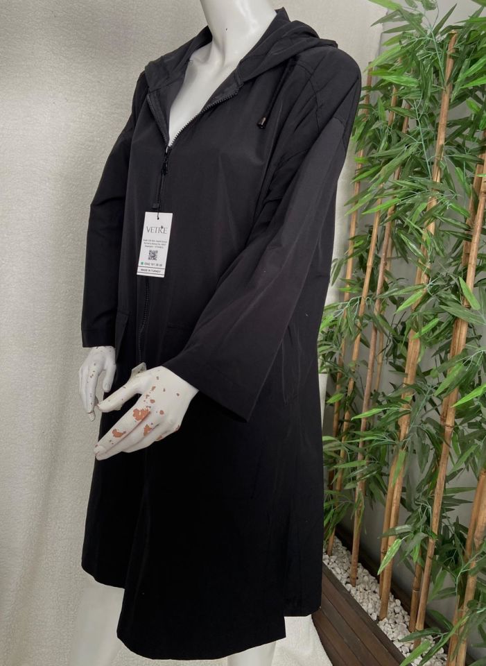 Kapüşonlu Oversize Siyah Trençkot
