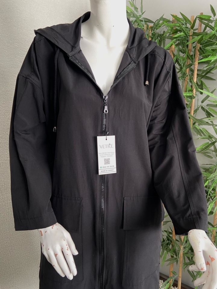 Kapüşonlu Oversize Siyah Trençkot