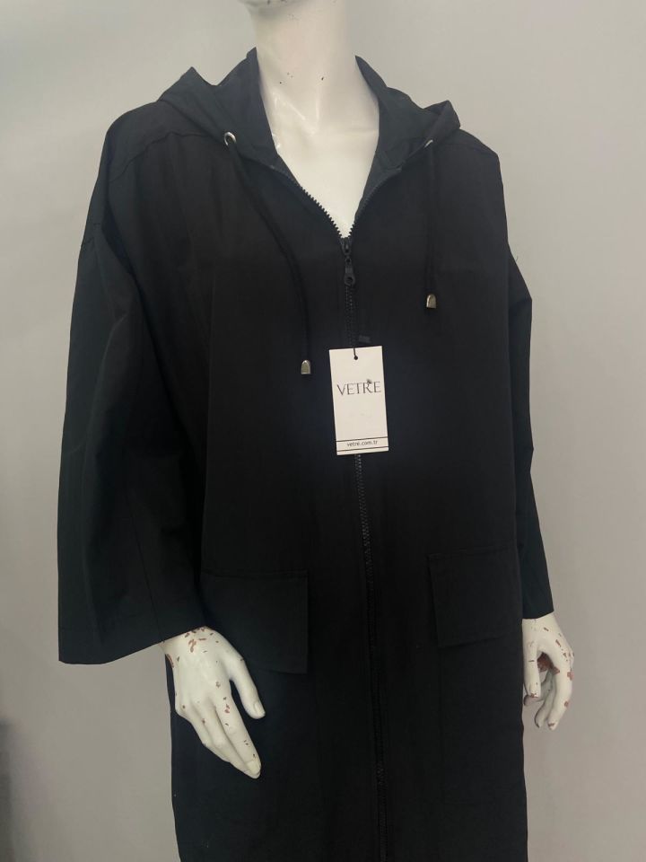 Kapüşonlu Oversize Siyah Trençkot