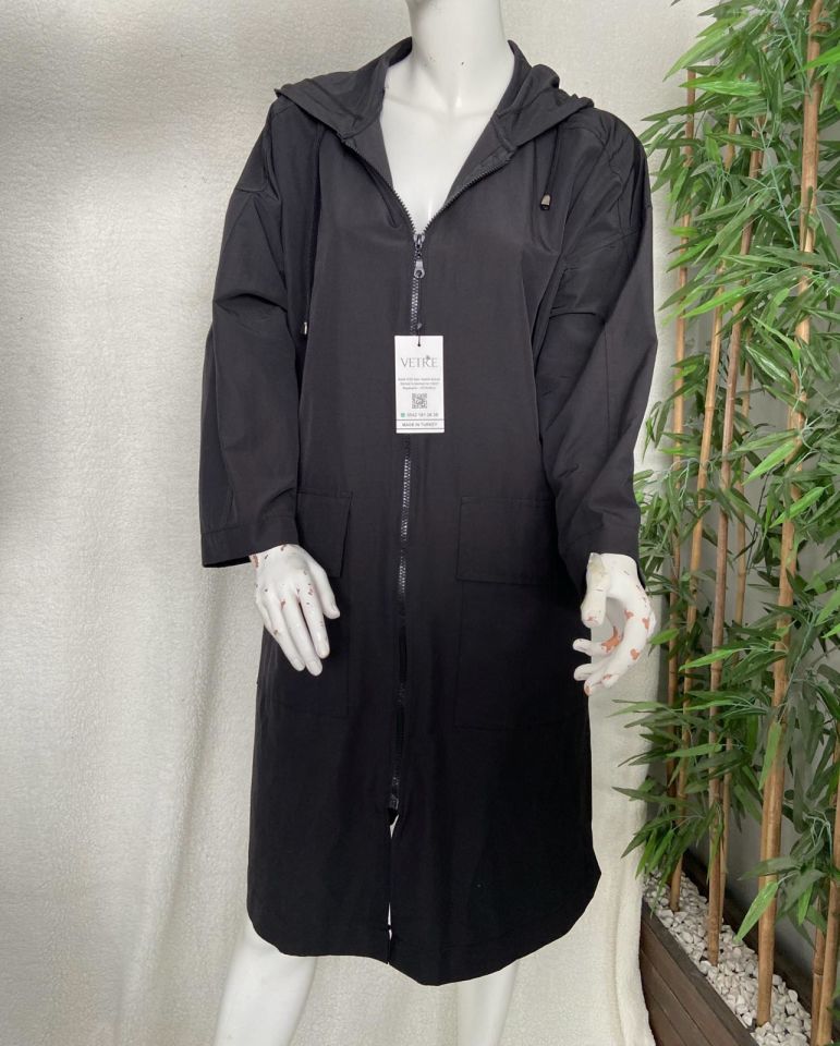 Kapüşonlu Oversize Siyah Trençkot