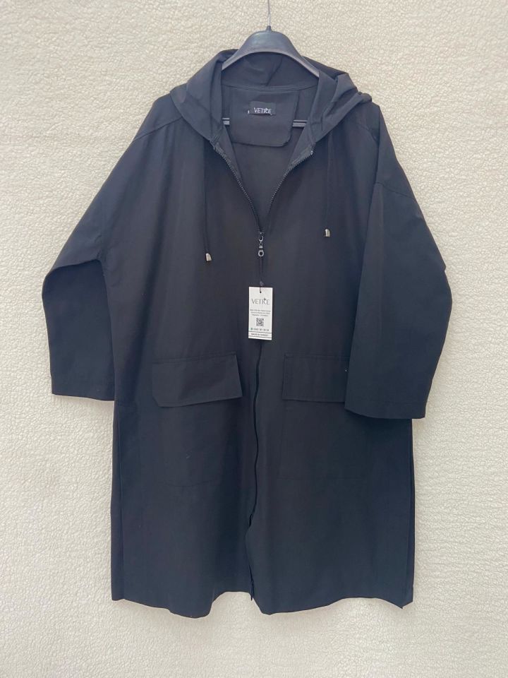 Kapüşonlu Oversize Siyah Trençkot