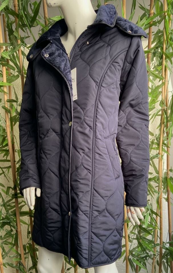 Vetre Kadın Büyük Beden Kapüşonlu 95 Cm Damla Desen Lacivert Kapitone Mont 1007