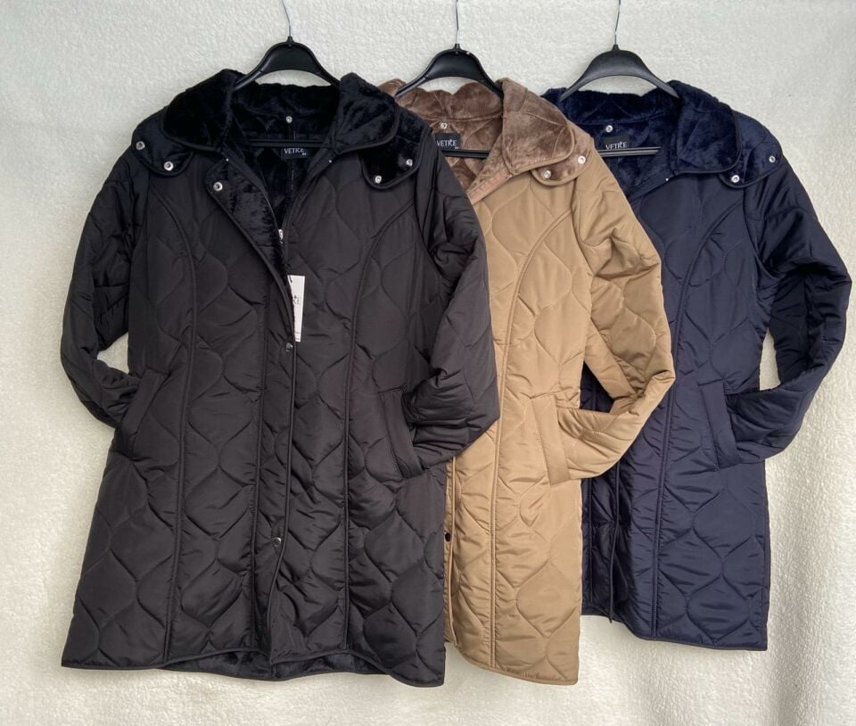 Vetre Kadın Büyük Beden Kapüşonlu 95 Cm Damla Desen Lacivert Kapitone Mont 1007