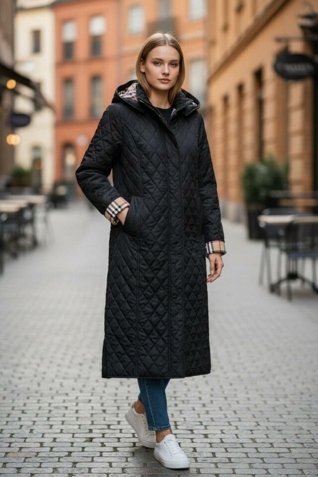 Ekose 120 Cm Mevsimlik Siyah Kapitone Mont