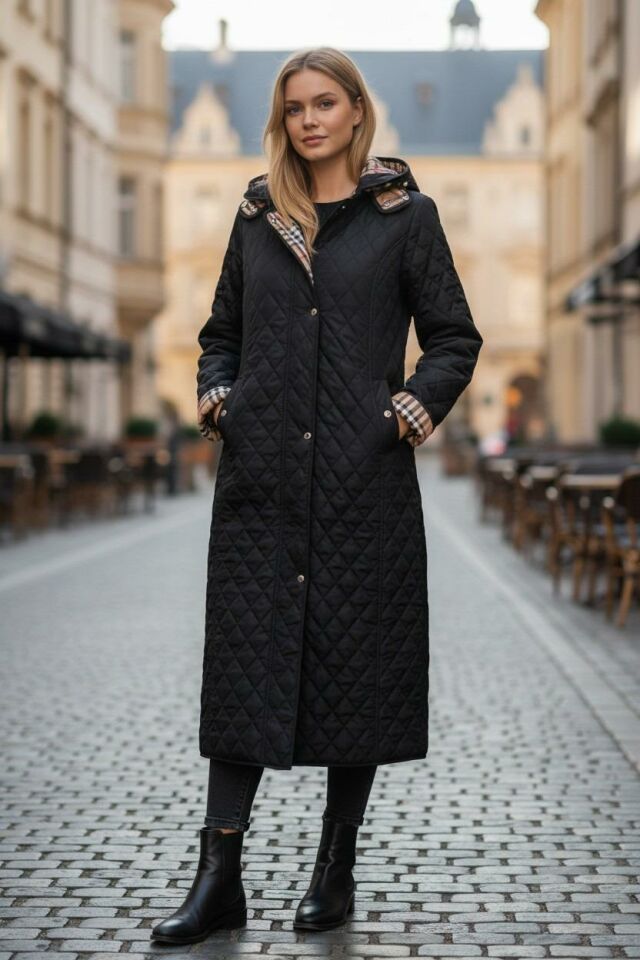 Ekose 120 Cm Mevsimlik Siyah Kapitone Mont