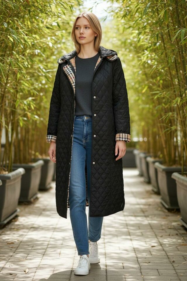 Ekose 120 Cm Mevsimlik Siyah Kapitone Mont