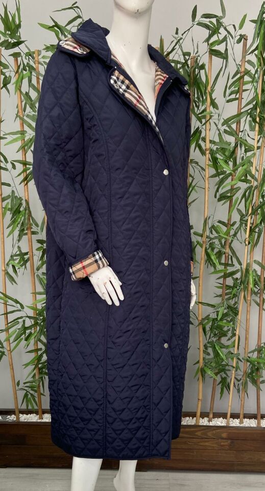 Vetre Kadın Büyük Beden Ekose 120 Cm Mevsimlik Lacivert Kapitone Mont 1042