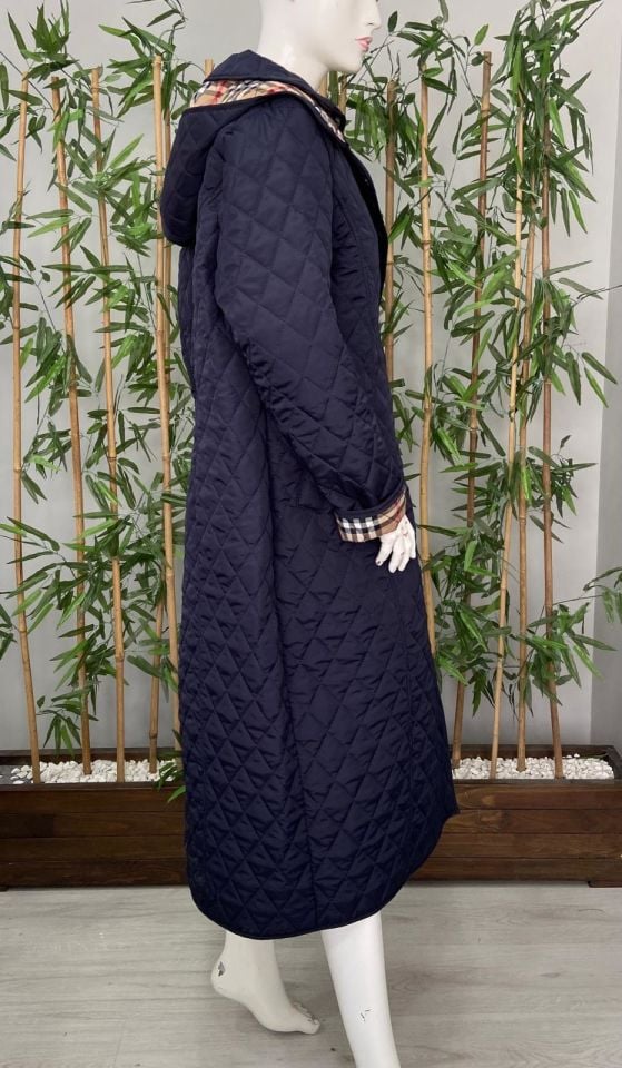 Vetre Kadın Büyük Beden Ekose 120 Cm Mevsimlik Lacivert Kapitone Mont 1042