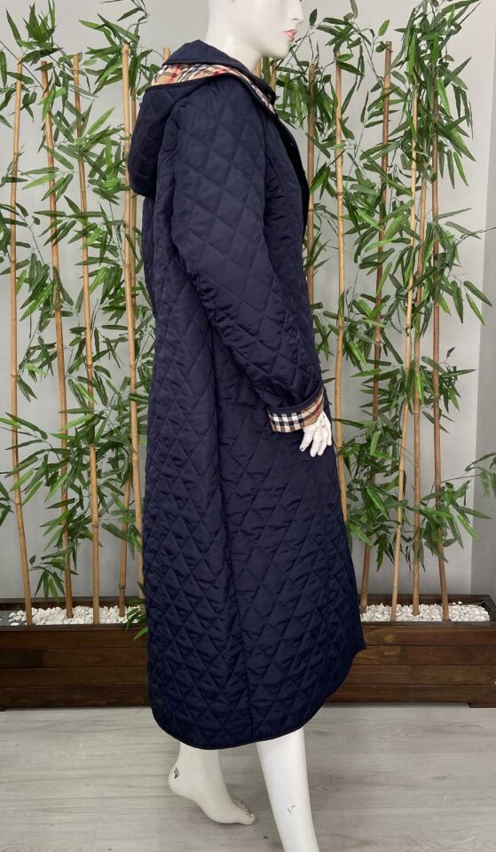 Vetre Kadın Büyük Beden Ekose 120 Cm Mevsimlik Lacivert Kapitone Mont 1042