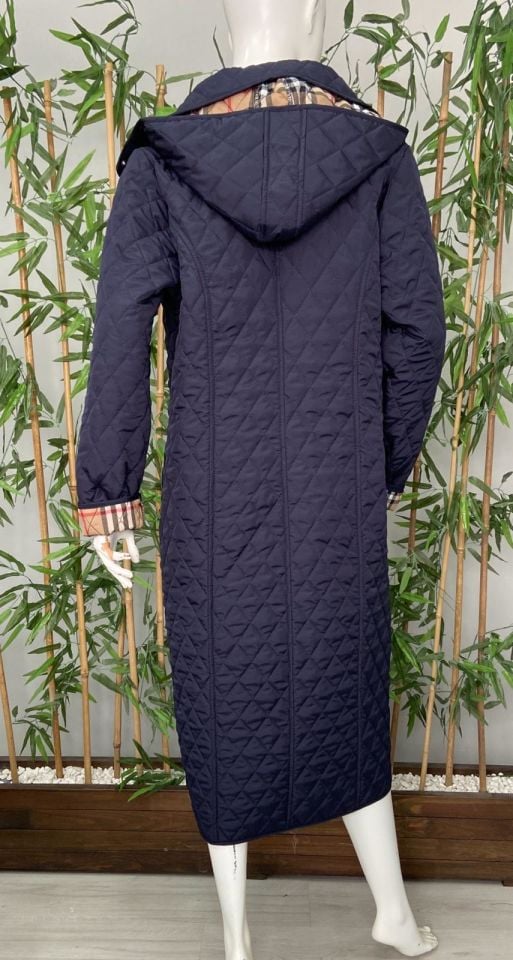 Vetre Kadın Büyük Beden Ekose 120 Cm Mevsimlik Lacivert Kapitone Mont 1042