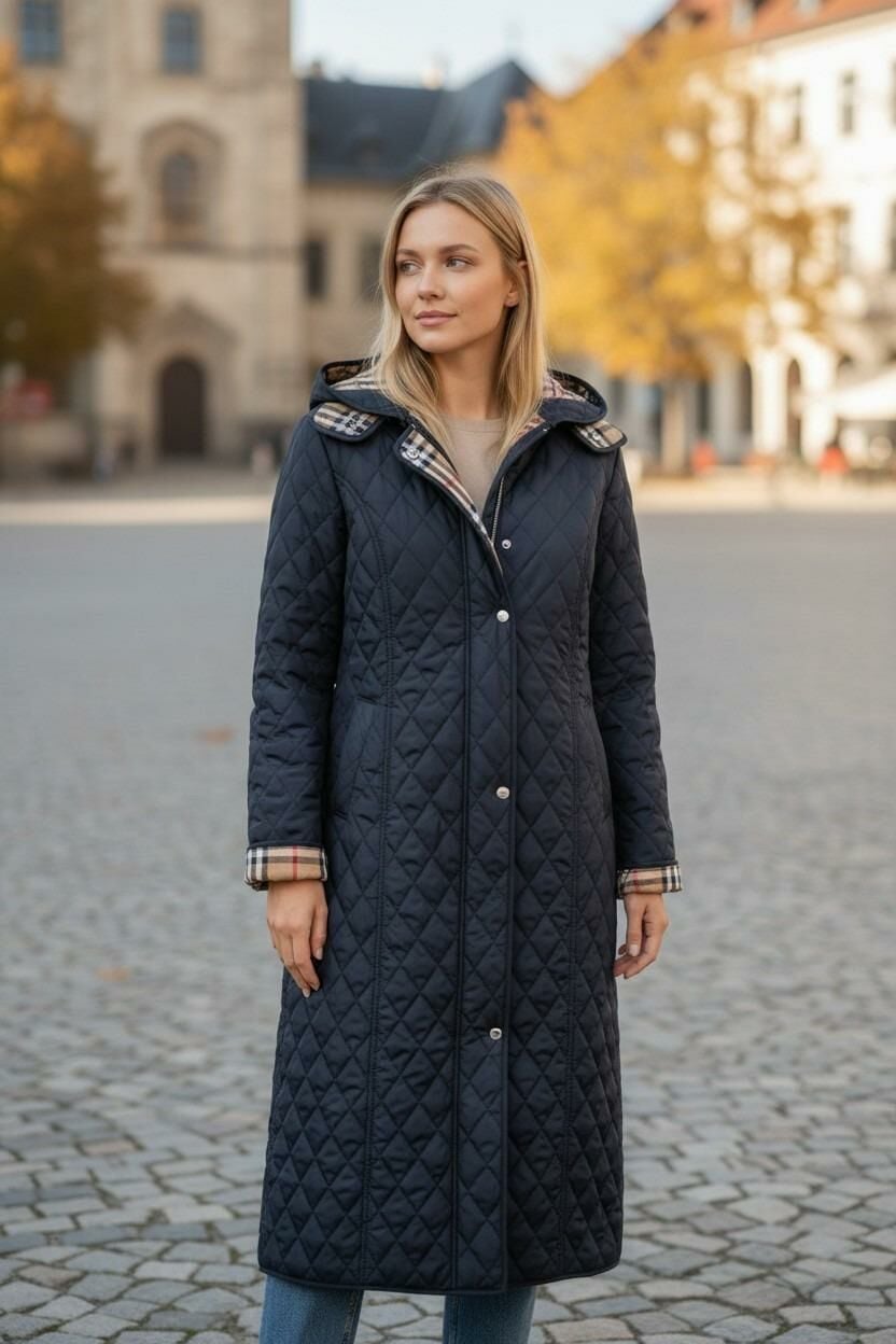 Vetre Kadın Büyük Beden Ekose 120 Cm Mevsimlik Lacivert Kapitone Mont 1042