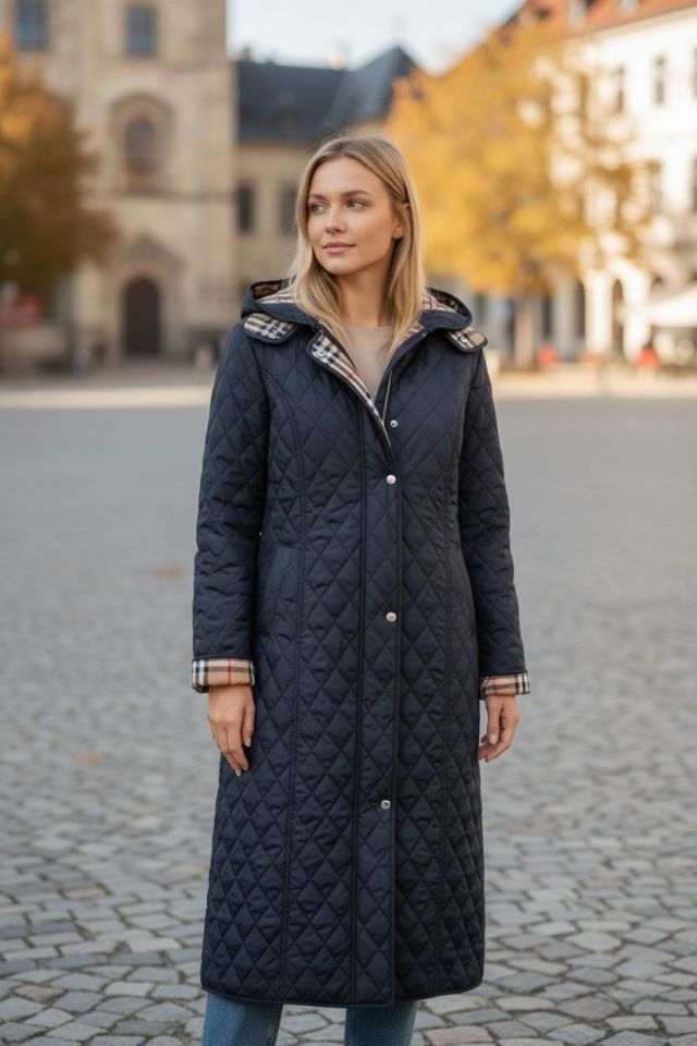 Vetre Kadın Büyük Beden Ekose 120 Cm Mevsimlik Lacivert Kapitone Mont 1042