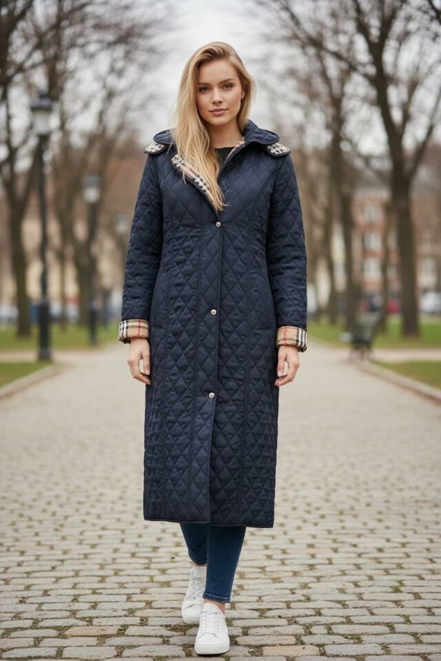 Vetre Kadın Büyük Beden Ekose 120 Cm Mevsimlik Lacivert Kapitone Mont 1042