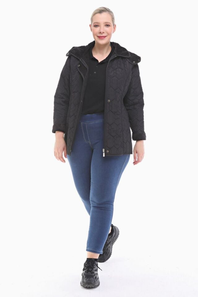 KAPÜŞONLU SİYAH 75 CM KAPİTONE MONT