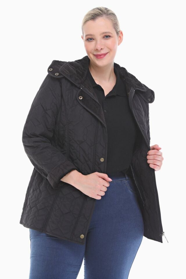 KAPÜŞONLU SİYAH 75 CM KAPİTONE MONT